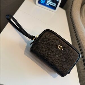 Coach Black Pebbled Leather Wristlet with Gold Zipper